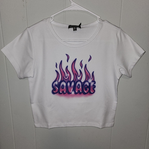 NWT Dolls Kill Hot Pink And Purple Airbrush Savage Crop Top - Picture 3 of 9